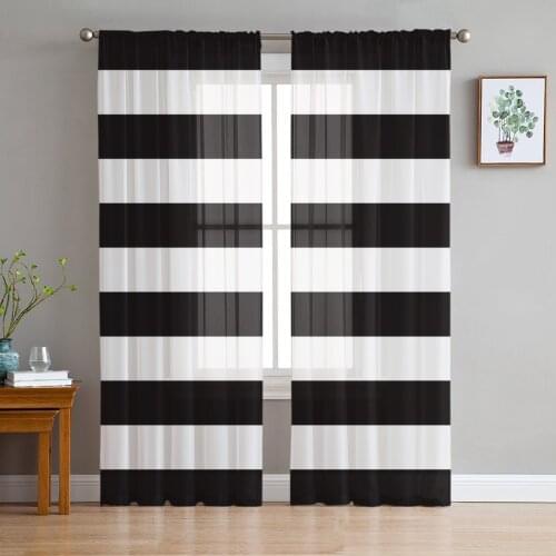 Stripes Black White Simple Print Sheer Window Panel Curtains Room for Living Room Bedroom Kitchen Room Chiffon Tulle Curtains