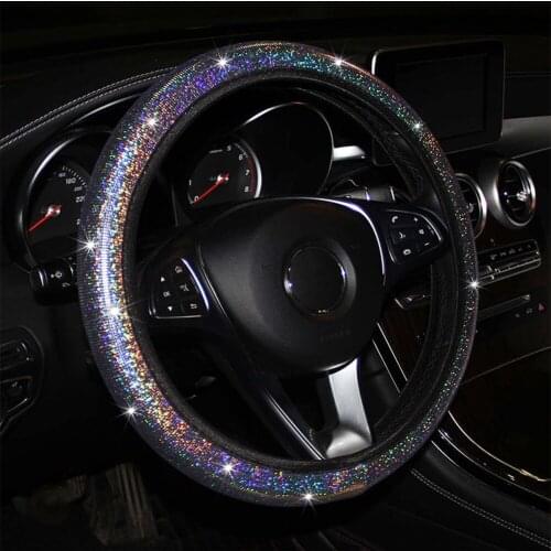 PU Leather Car Steering Wheel Cover with Rhinestone Paillette Universal Fit 15 Inch Car Steering Wheel Protector for Girls