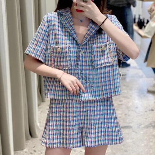 High Version Summer Women Plaid Hit Color Spliced Loose Designed Shorts Set Female High Street Sweet Shorts Ladies New Set ML200