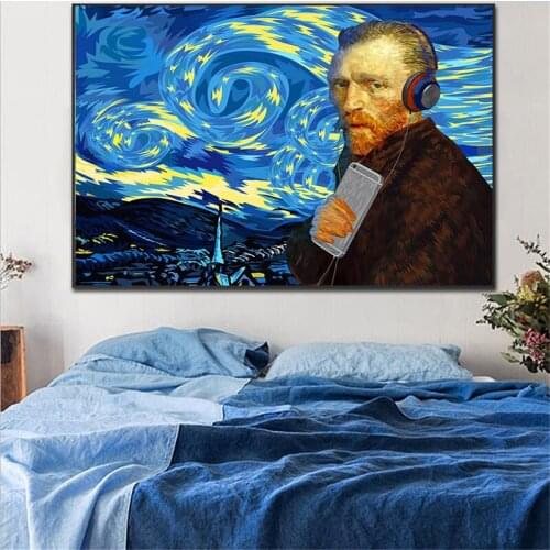 Modern Famous Painting Van Gogh with Headphones Abstract Canvas Painting Posters and Prints Wall Art Pictures for Living Room