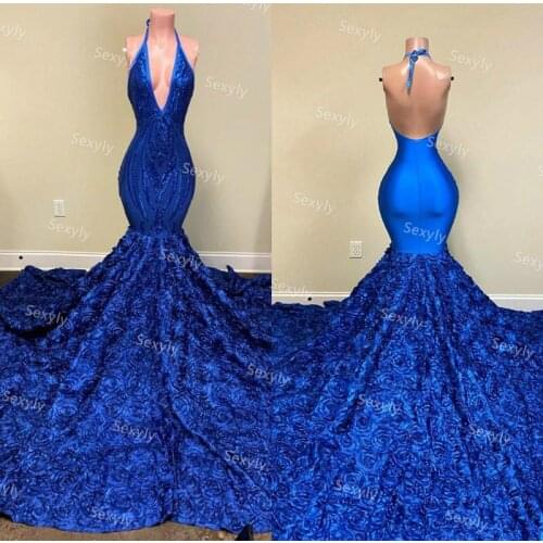 Gorgeous Royal Blue Mermaid Black Girls Prom Dresses With 3D Rose Florals Halter V Neck Plus Size Mermaid Evening Gowns sukienki