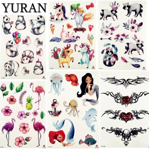 YURAN Child Body Arm Flash Tattoo Sticker Kids Unicorn Cartoon Tattoos Temporary Mermaid Panda Fake Fairy ELF Tatoos Women Whale