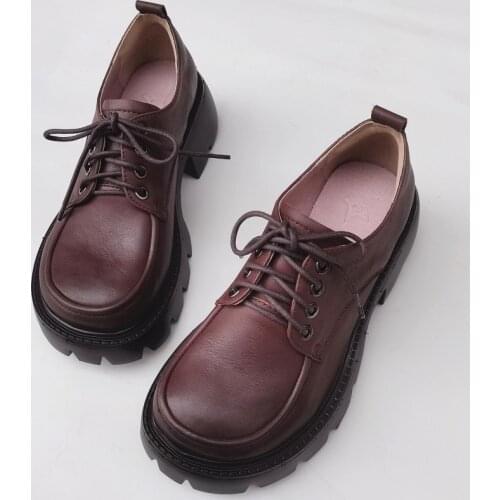 Woman Vulcanize Shoes Lace up Womens Flat Shoes 100% Genuine Leather Woman Oxfords on Platform High-soled Sneakers