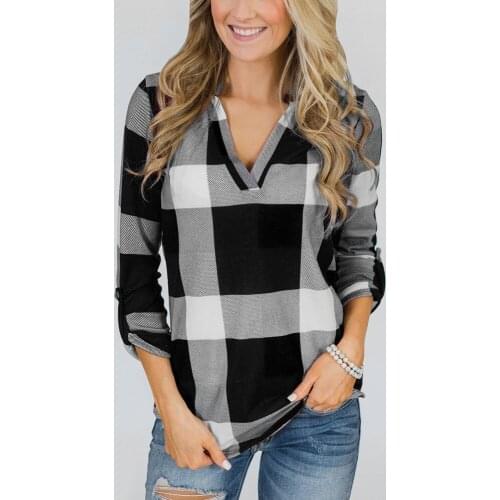 Womens Roll Up Long Sleeve V Neck Tshirt Plaid Lattice Shirt Print Tops Femininas Elegant Tshirt Camiseta Mujer Verano #PY