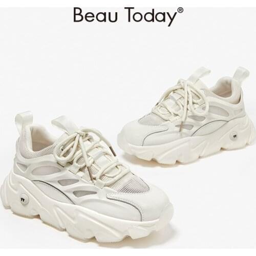 BeauToday Chunky Sneakers Women Synthetic Leather Mesh Round Toe Patchwork Lace-up Closure Female Casual Shoes Handmade 29635