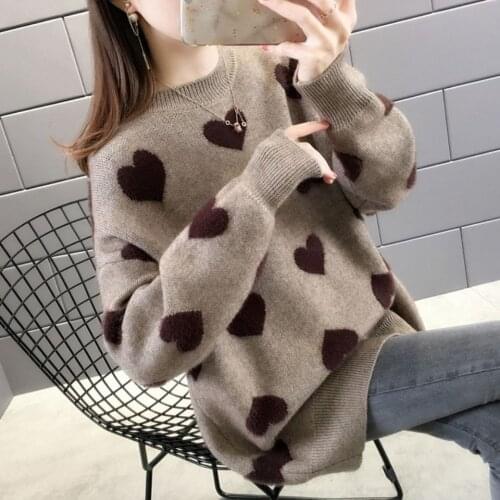 Sweaters Womens Autumn Winter Love Heart Loose Long Sleeve Pullovers Lazy Style Red Retro O Neck Knitwear Jumper Tops 2021 New