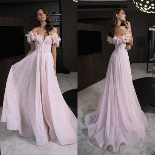 New Design Pink Glitter Evening Gowns Long Luxury 2020 A Line Ruffles Arabic Prom Dress Customize Women Robes Vestidos De Fiesta