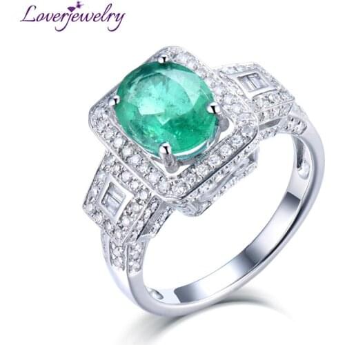 LOVERJEWELRY Ring For Women New Style Vintage Oval Cut Solid 14k White Gold Diamond Engagement Natural Emerald Lady Ring Jewelry