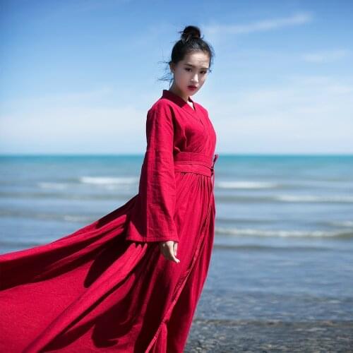 MM049 New Arrival Autumn 2016 with belt 5M bottom pleated vintage red long sleeve maxi cotton and linen dress women