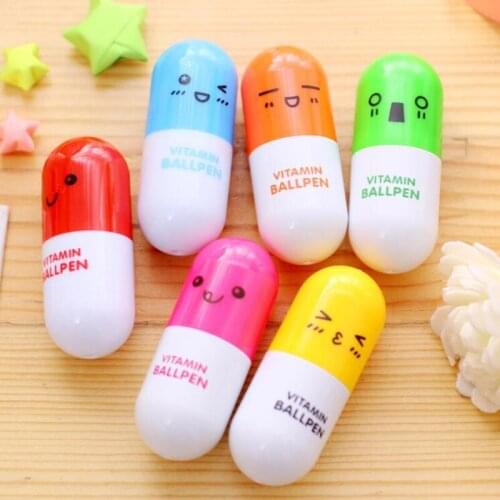 5PCS Kawaii Cartoon Novelty Creative Retractable Pill Shape Smiling Face Ballpoint Pen Promotional Gift Stationery Student Prize