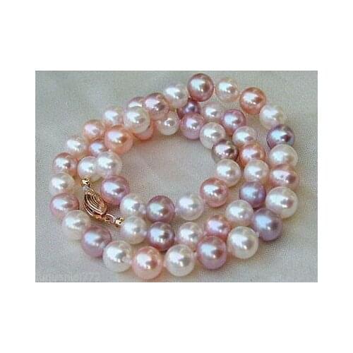 AAA 8-9 MM white purple pink SOUTH SEA Multicolor PEARL NECKLACE 18" 14k