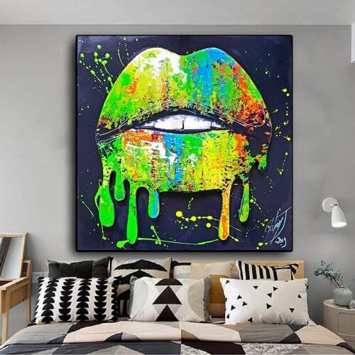 Abstract Wall Art Green lip Posters and Prints Oil Canvas Painting Scandinavian Graffiti Lip Pictures Living Room Home Decor