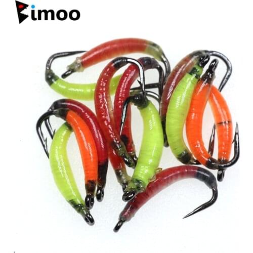 Bimoo 30PCS #8 Green/Red/Orange Earth Worm Fly Artificial Fly Fishing Nymph Bugs Lures for Trout Perch Bluegill Whitefish