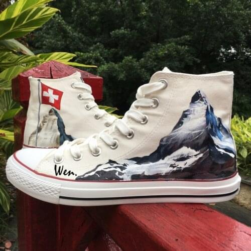 Wen Hand Painted Shoes White Design Custom Sneakers Switzerland Flag Alps Edelweiss High Top Men Womens Canvas Sneakers
