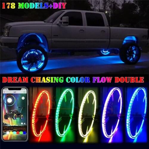 Dream Chasing Color Flow 17‘’ Double Row Led Wheel Ring Lights Car Tire Lights Blue-Tooth APP Control 178 Models DIY Colors