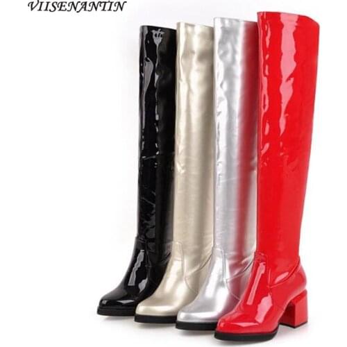 European and American Fashion Patent Leather High Thick Heel Bling Boots Skinny Boots Stage Performance Over-the-knee Sexy Boots