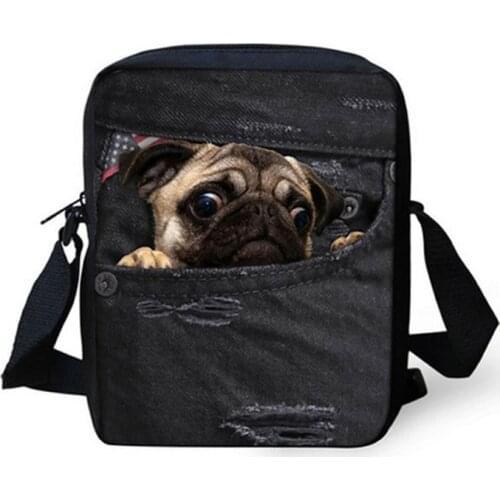 Fashion Small Messenger Bags For Women Cute Dog Pug Shoulder Bags Black Denim Printed Crossbody Bags Girls Boys Mini School Bags