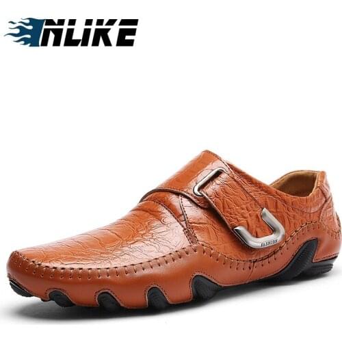 Men Loafers High Quality Genuine Leather Shoes Men Flats Hook&Look Driving Shoes