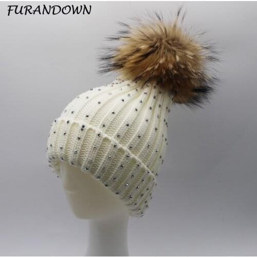 FURANDOWN 2018 New Fashion Winter Hat Women diamond Beanie Cap Real Raccoon Fur Pompom Hats