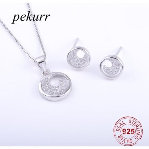 Pekurr 925 Sterling Silver Crystal Crescent Moon Round Hoop Earrings Necklace Sets For Women Circle Pendants Jewelry Sets