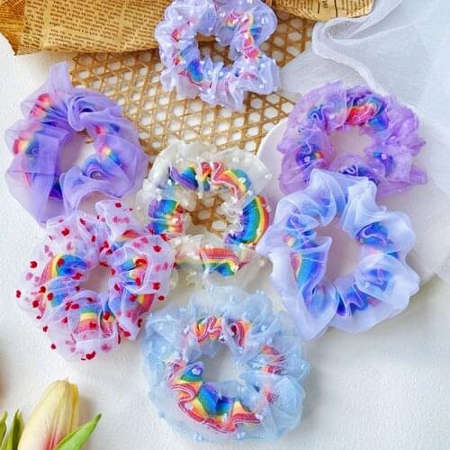 Rainbow Lace Colorful Bow Satin Daisy Hair Scrunchies Ponytail Holder Hairband Scrunchy 2021 New Hair Ties Hair Accessories Gift