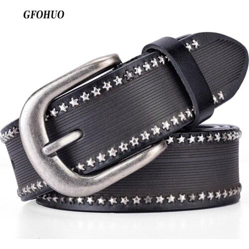 GFOHUO stylish womens Retro Genuine leather cool rivet ladies waistband wide jeans Europe and the United States wind belt belt