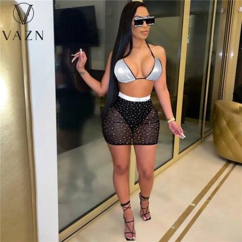 VAZN 2021 Sexy See Through Swimming Bikini Suit Summer Fashion Special Holiday O-neck Two Piece Set Sleeveless 2 Piece Set