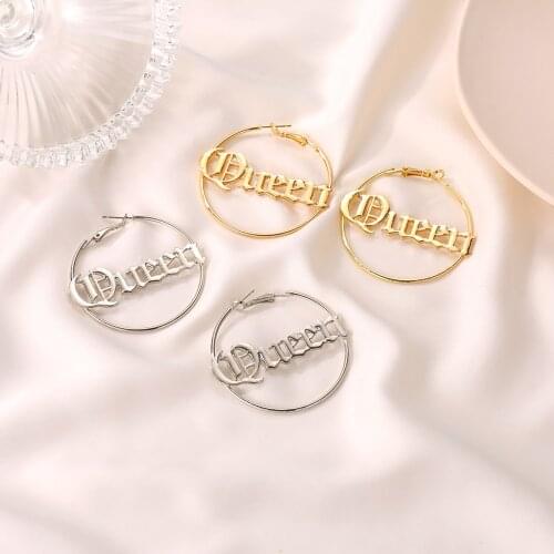 1 Pair Fashion Gold/Silver Color Metal Hoop Earrings For Women Circle Queen Letter Round Party Jewelry 52mm x 48mm