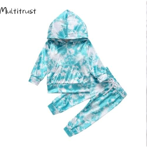 Fashionable Baby Clothes Tie dye Sweatershirt Suit Hooded Collar Long Sleeve Top with Pocket Elastic Head Long Pants