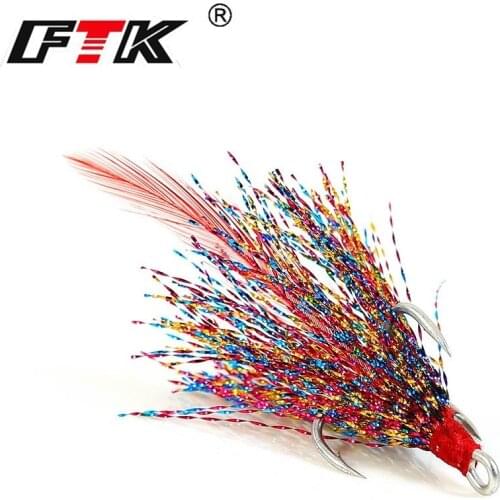 FTK 1pc Tinned Sea Fishing Treble Hook With Hair 1/2/4/6# High Carbon Steel Round Bent Barbed Lure Triple Fishing Hook Tackle