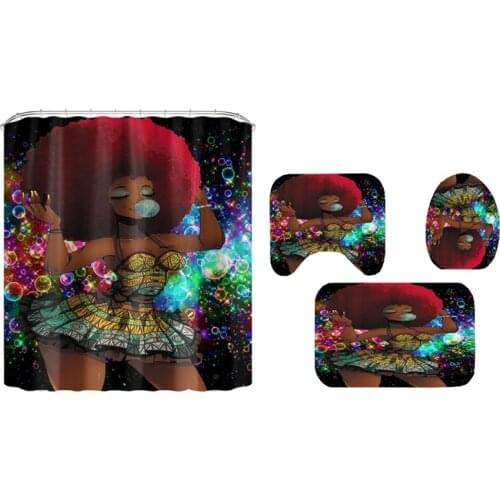 Black African Women Print Shower Curtain Set Waterproof Bathroom Curtains Anti-Slip Soft Bath Mat Toilet Rugs WC Carpet