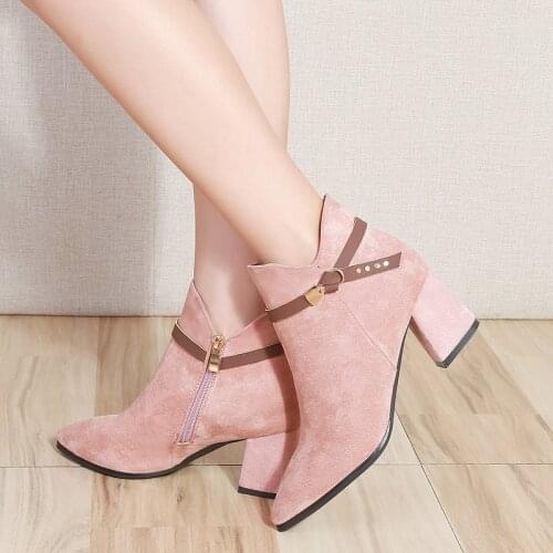 Ankle Boots Chunky High Heels Flock Women Autumn Sexy Booties Pointed Toe Woman Pump Pink Black Size 36-40 Dropship Botas Mujer