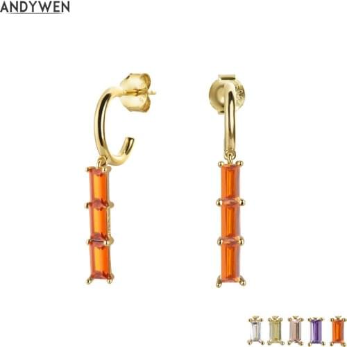 ANDYWEN 925 Sterling Silver Colorful Red Crystal CZ Zircon Hoops Slim Earring Line Long Chain Women Fashion Piercing Jewelry