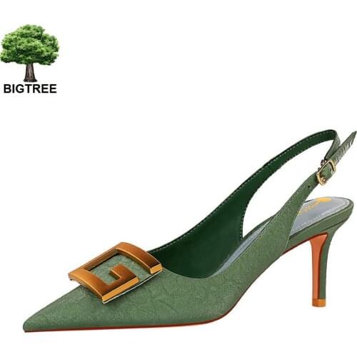 BIGTREE Metal Square Buckle Kitten Heels 7 Cm Sexy Party Shoes Black Green White Woman Pumps Middle Heel Shoes For Women Sandals
