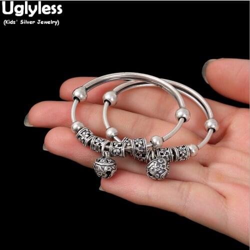 Uglyless 1pair Real 99% Fine Silver Bells Bangles for Kids New Born Babies Gifts Fine Jewelry Push-pull Thai Silver Beads Bangle
