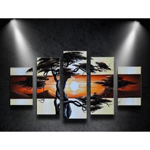 High Q Abstract Oil Painting 5pcs/Set On Canvas Tree Sun Landscape Art Modern Wall Picture For Living Room Home Decoration