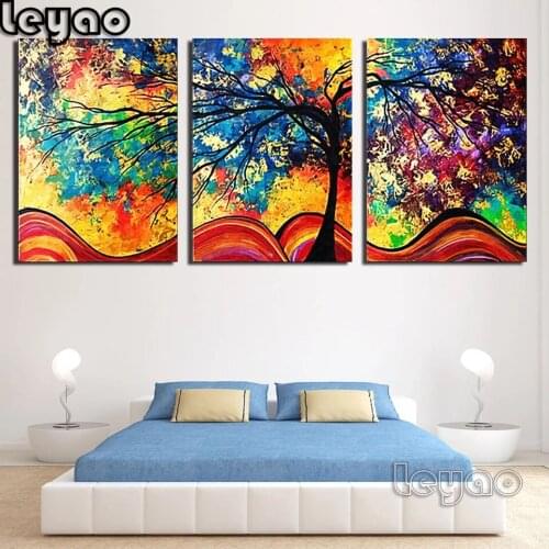 Diamond Painting,Embroidery Diamond Full Drill 3 Pieces Abstract Tree Posters Living Room Triptych Colorful Landscape Pictures