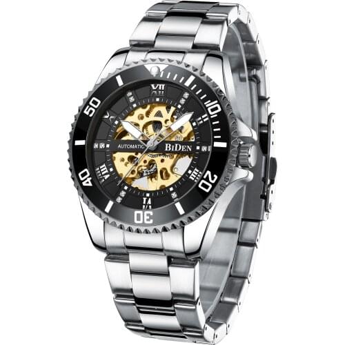 BIDEN black watches for men mechanical fashion square dress skeleton wrist watch Slim mesh steel b
