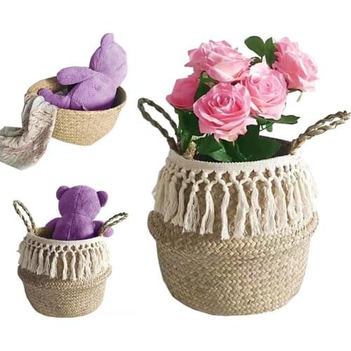 Long Tassel Macrame Woven Seagrass Belly Basket For Storage, Decoration, Laundry, Picnic, Plant Basin Cover, Groceries Storage