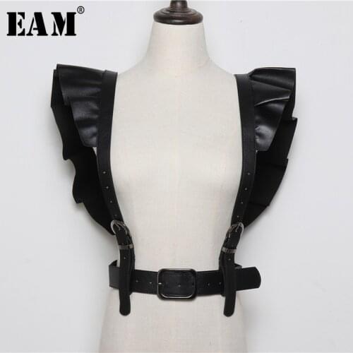 [EAM] Pu Leather Black Buckle Ruffles Split Joint Wide Belt Personality Women New Fashion Tide All-match Spring 2021 1S544