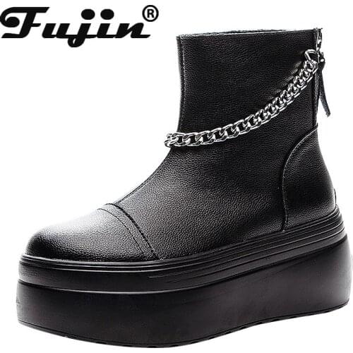 Fujin2021 Autumn Winter 8cm Super Thick Sole Heel Platform Boots Wedge Shoes Chunky Women Winter Boot Ankle Booties Zipper White
