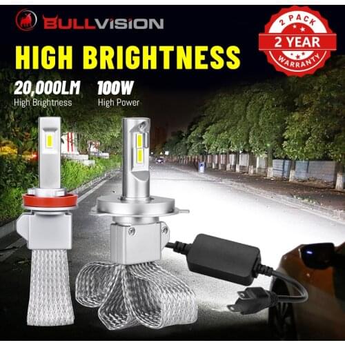 Bullvision H11 LED Headlamp 20000LM H7 H4 H1 H8 H9 9005 9006 HB3 HB4 Fanless Car Light Bulb Anti Noise CSP Chip 100W High Bright