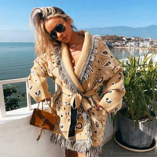 Cashmere-blend jacquard wrap cardigan winter Long cardigan for women paisley fringed edges oversized fit cardigan