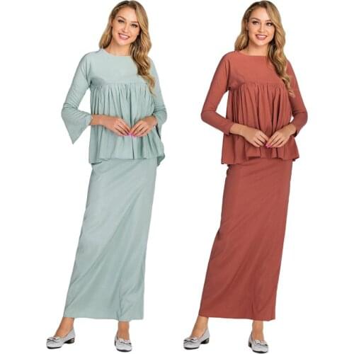 Abaya Women Muslim Clothing Sets Long Sleeve Blouse Tops + Skirt Kaftan Dubai Turkey Arab Islamic Clothes 2pcs Jilbab Long Robes