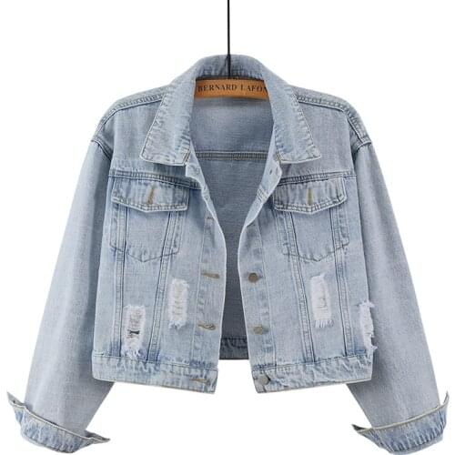 Spring and Autumn Korean Casual Light Color Ripped Long Sleeve Short Denim Jacket Womens Loose Denim Jacket Top