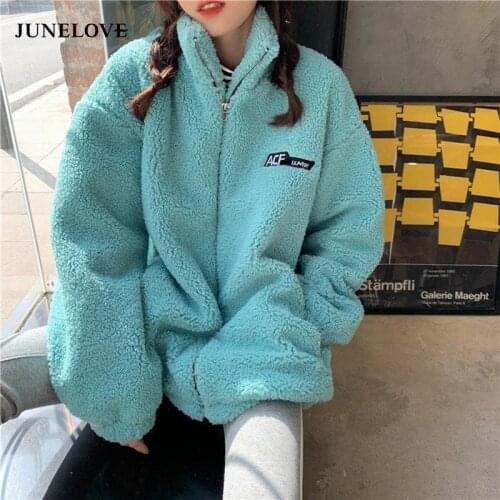 JuneLove Winter Women Zipper Sheepskin Casual Coats Lady Faux Lamb Fur Streetwear Female Granular Thick Warm Jackets Outwears