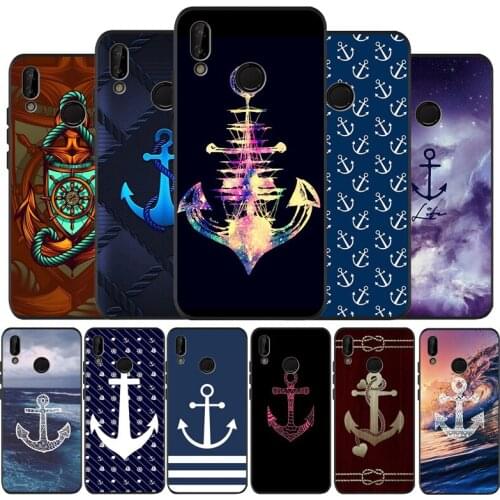 Anchor Black Silicone Soft Phone Case For Huawei 40 30 20 10 9 Lite Pro P smart 2019 Y6 Y6 Prime2019 Y9 2018