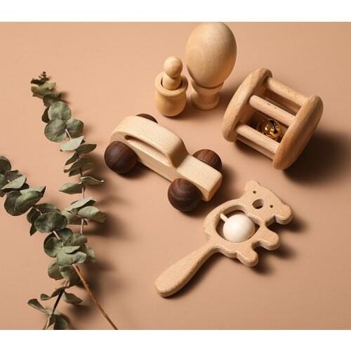New Wooden Car Toys Set Baby Toys Rattles Bracelet Wood Teethers Montessori Toy Infant Teething Rattle Shower Gift
