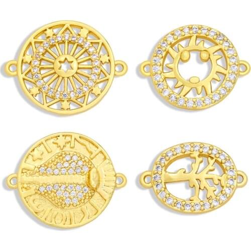 OCESRIO Gold Plated CZ Sun Bracelet Charms for Jewelry Making Wholesale Tree of Life Connector Charms Double Hole DIY chma056
