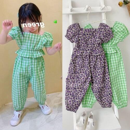 2-6 Years Children Girls Clothes Set Square Collar T-Shirt + Long Pants Summer Fashion Green Plaid Outfit Kid Girl Clothes Suit